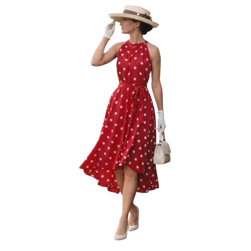 Vintage Studio One Red Polka Dot Halter Midi Dress | Retro Romantic Timeless